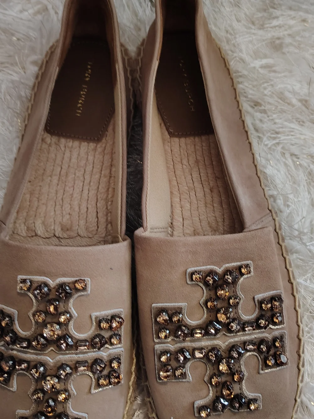Tory Burch Beige Suede Espadrille Slip-Ons with Embellished Logo New never Worn